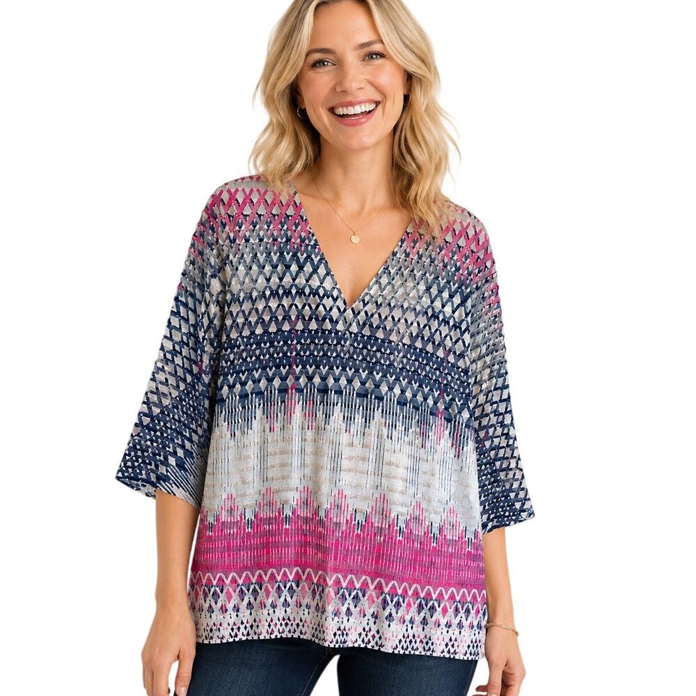 Whimsy Rose Abstract Top Womens Small Pink Blue White Textured V-Neck Sundance